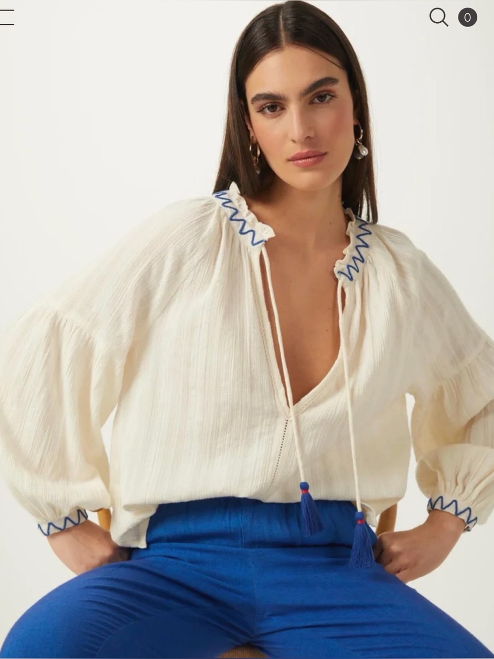 Shoulder Women's Cream Peasant Blouse with Blue Trim size L
